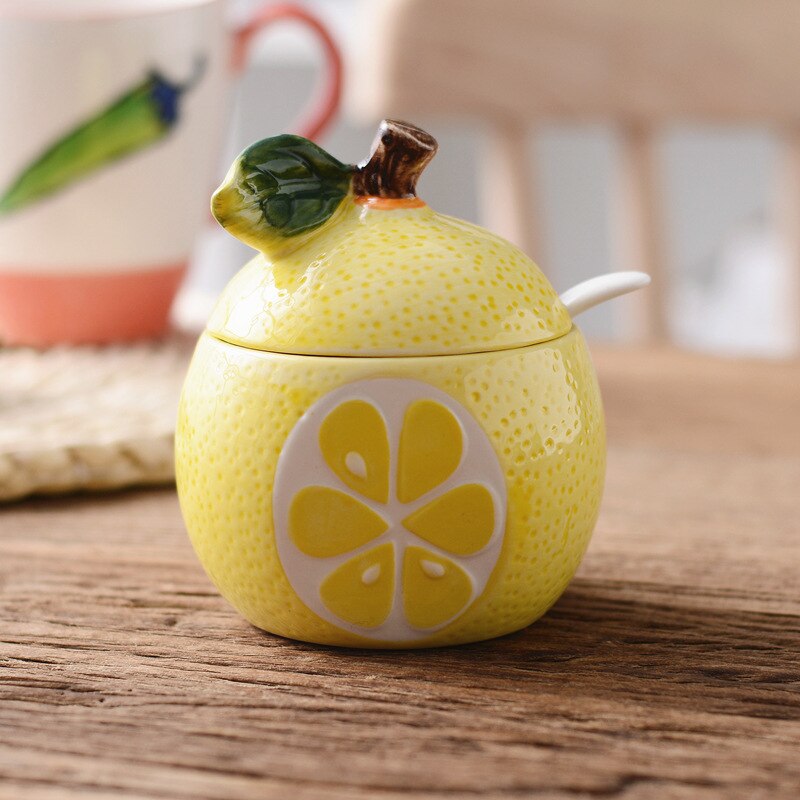Cute Fruit Pomegranate Shape Condiment Bottle Ceramic Seasoning Bottle Jar with Cover Spoon Flavouring Container: Lemon