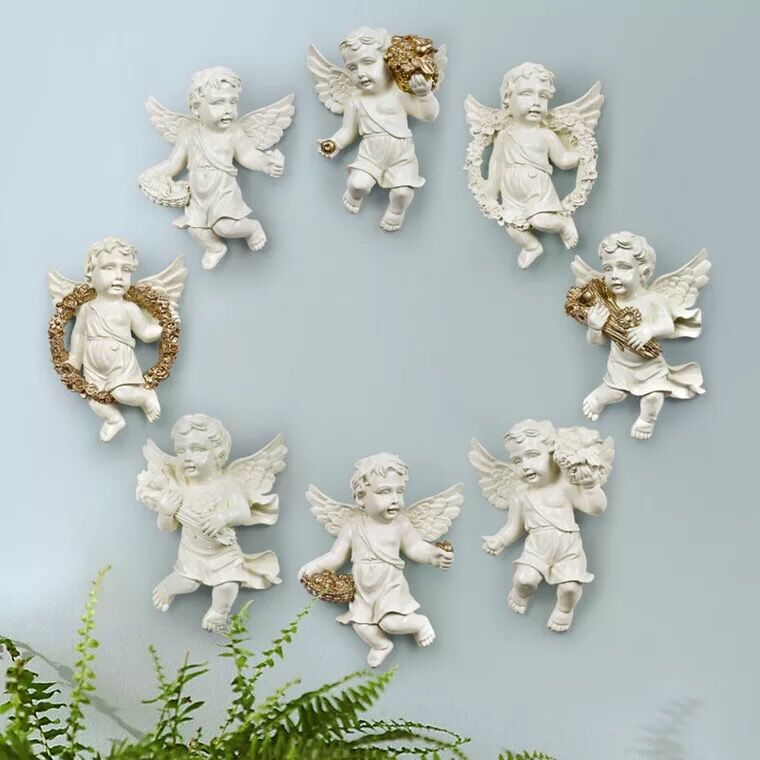 Set Van 4 Cherub 3D Muur Opknoping Standbeelden, Angel Sculpturen, Polyresin Beeldjes Twee Tone Steen 4 Pcs