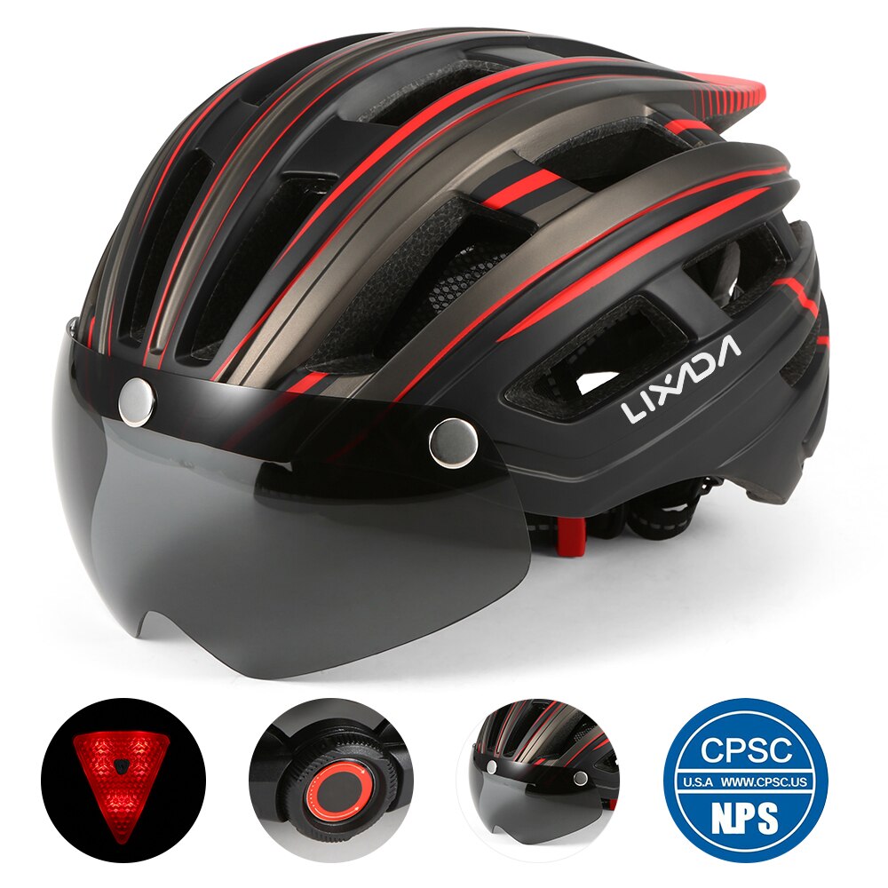 Lixada Mountain Bike Helmet Adjustable Bicycle Motorcycle Helmet with Back Light Detachable Magnetic Visor UV Protective Unisex: Red grey