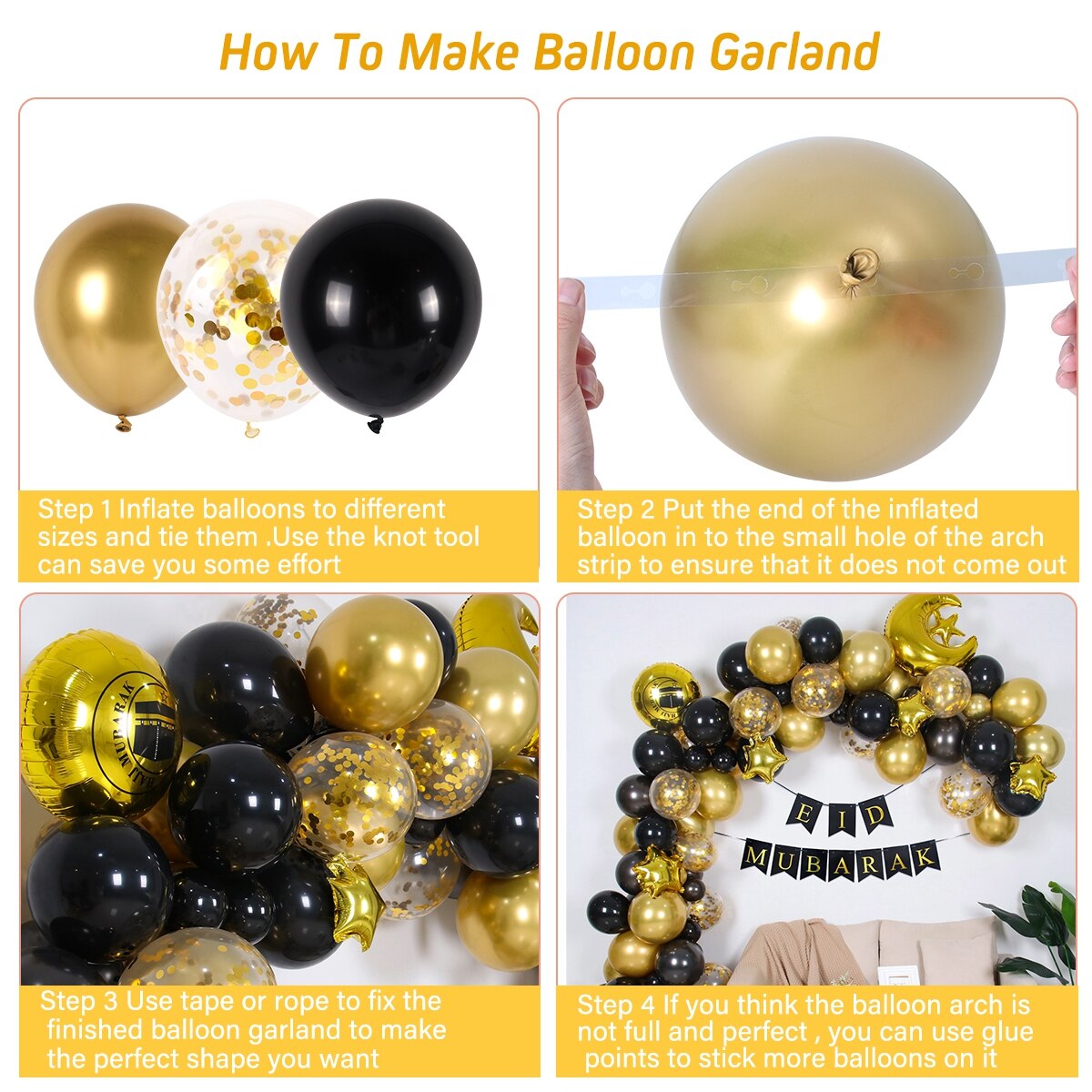 Black Gold EID Mubarak Balloon Garland Arch Kit Banner Ramadan Decoration For Home Birthday Party Decoration Kids Latex Baloon