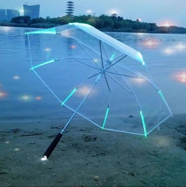 Cool paraply med led-funktioner 8 rib lys gennemsigtig med lommelygte håndtag