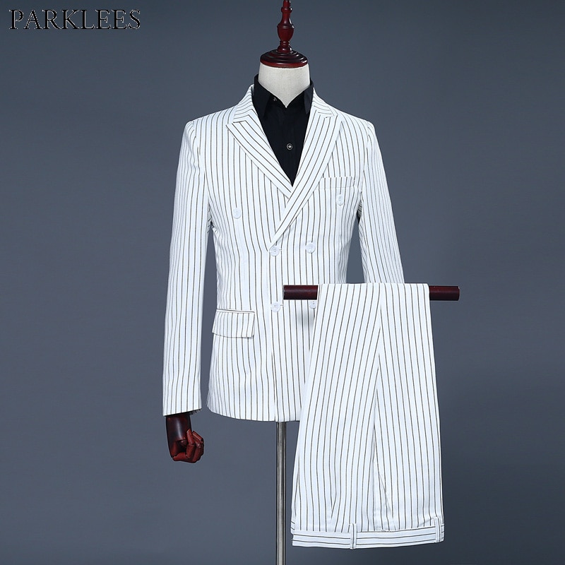 Costume croisé rayé blanc pour hommes, Costume 2 pièces (veste + pantalon), pour marié, de mariage,