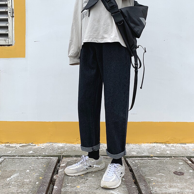 Singleroad heren jeans oversized wijde pijpen casual broek japanse streetwear heren denim broeken kleding jeans voor heren: Zwarte jeans heren / Aziatisch-s(eur xxs)