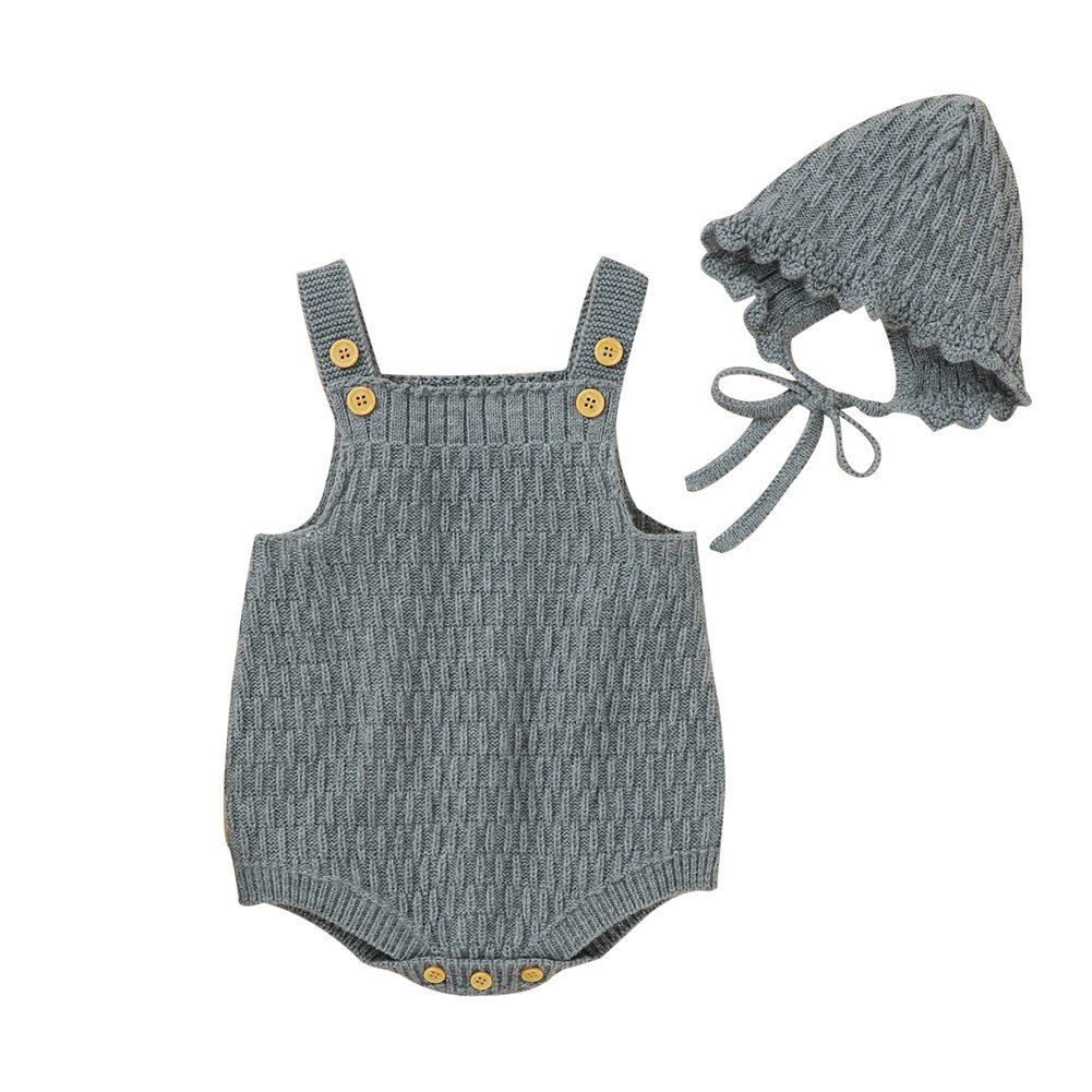Citgeett Herfst Baby Meisjes Jongens Gebreide Romper Set Mouwloze Driehoek Knop Een Stuk Solid Hoed Lente Mode Kleding: D / 12m