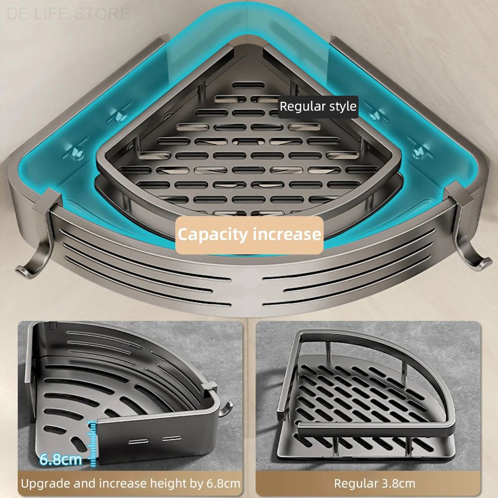 1-2PCS Badezimmer Eckregal mit Kunststoff Haken Handtuchhalter Kein Bohrenraum Aluminium Dusche Lagerregal Badezimmer Organizer