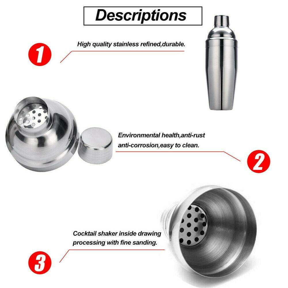 5pcs 750ml Cocktail Shaker Tool Set Stainless Steel Shaker Strainer Measuring Cup Spoon Ice Tongs Mixed Drink Bar Tools Kit
