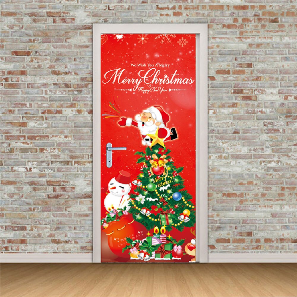 Cartoon Christmas Tree 3D Door Stickers Removable Waterproof Wall Stickers Bedroom Living Room DIY Wallpaper