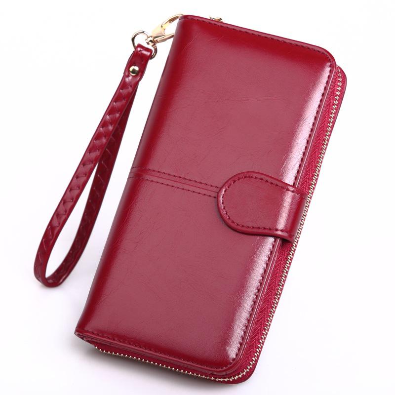 Frauen brieftasche Top Wachs öl haut material lange geldbörse zipper clutch bag armband haspe telefon brieftasche frauen brieftaschen und geldbörsen: Red