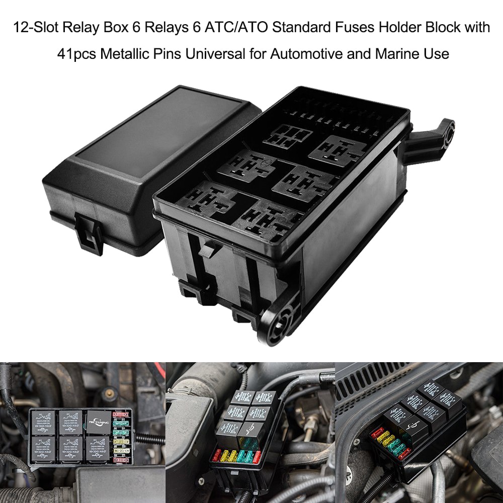 12-Slot Relay Box 6 Relays 6 ATC/ATO Standard Fuses Holder Block with 41pcs Metallic Pins Universal for Automotive Accessories