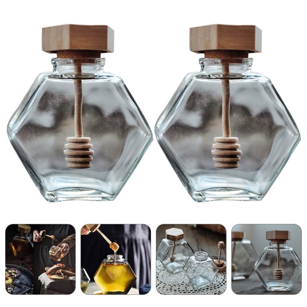 2Pcs Honey Jars Tasteful Transparent Hexagonal Honey Glass Jar Honey Bottles Clear Honey Pot for Home Kitchen