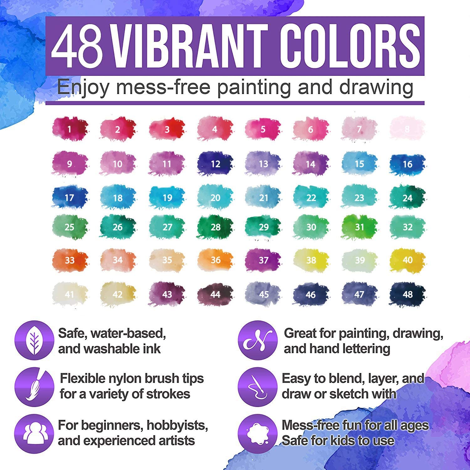 48 Colours Real Watercolour Brush Pens Set with 1 Water Brush Pen and 1 Watercolor Pad for Colouring Books, Calligraphy, Drawing