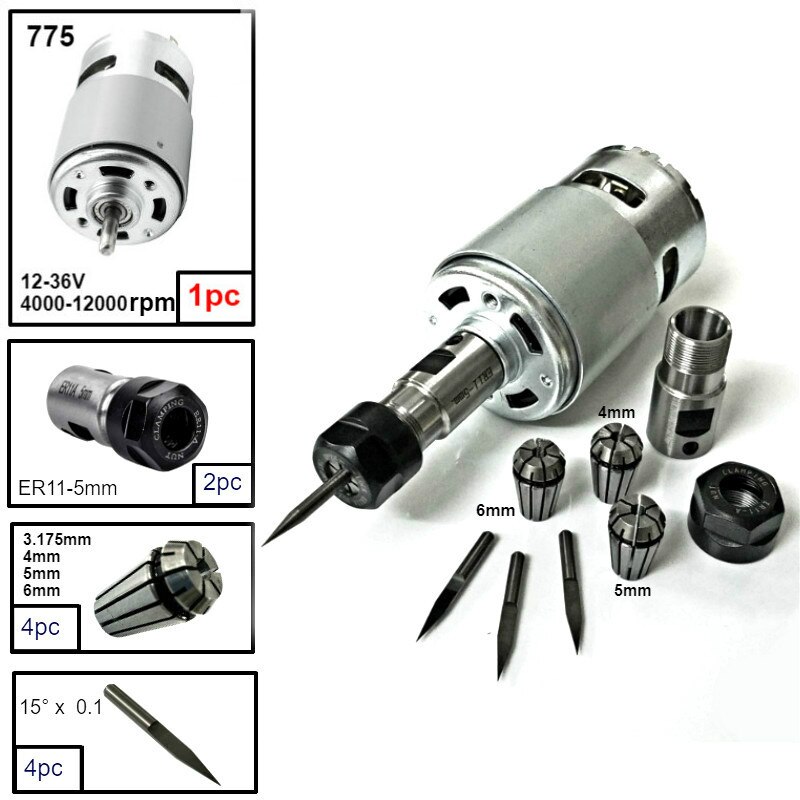 775 DC Motor 12-36V Ball Bearing Spindle Motor with ER11 Extension Rod Carving Knife for CNC Router Machine 1610/ 2417/ 3018: Option 3