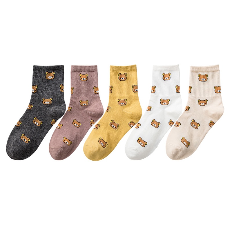 1 Pair of Cute Cartoon Women's Pure Cotton Socks Cute and Fashionable Bear Socks Five Colors of Pure Cotton Female Socks