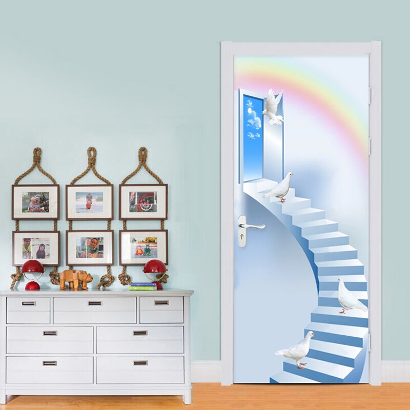 Home Decor Door Sticker 3D Stairs Pigeon Rainbow Mural Wallpaper Living Room Kid&#39;s Bedroom Door Poster Self-Adhesive Waterproof