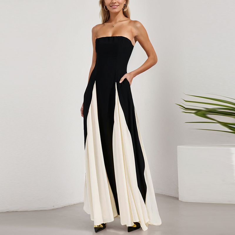 Forårskjoler med off-shoulder-motiv til kvinder sexet tube top farveblokeret patchwork lang kjole sommerkjole med ærmer og ryg