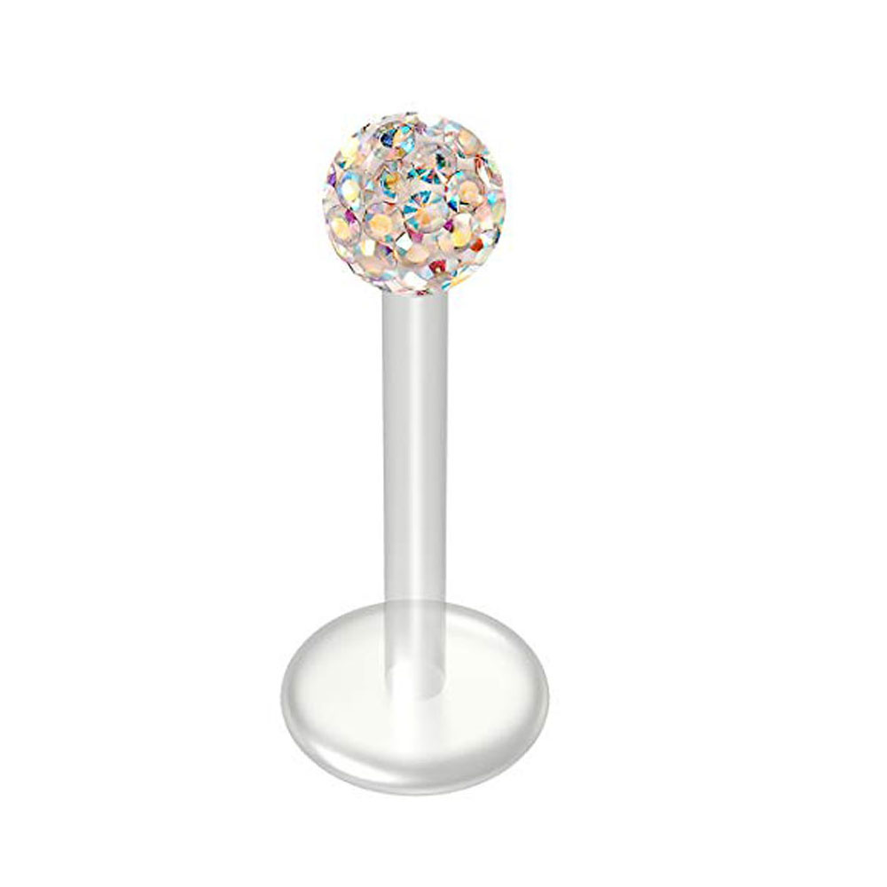WKOUD 16G Crystal CZ Clear Bioplast Labret Flexible Lip Stud Clear BioFlex Hypoallergenic Jewelry 6/8/10/12mm