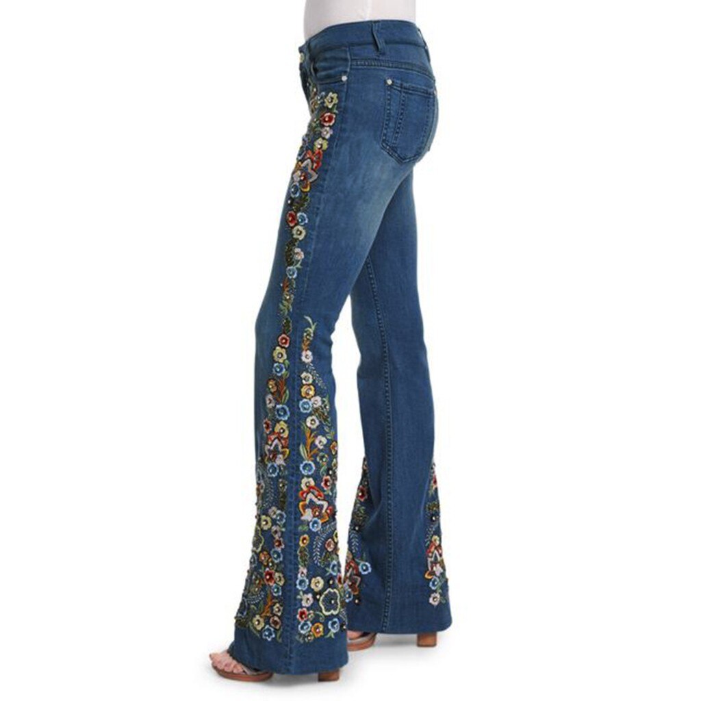 Femmes broderie Flare jean bouton taille cloche bas Denim pantalon été décontracté pantalon 2.22