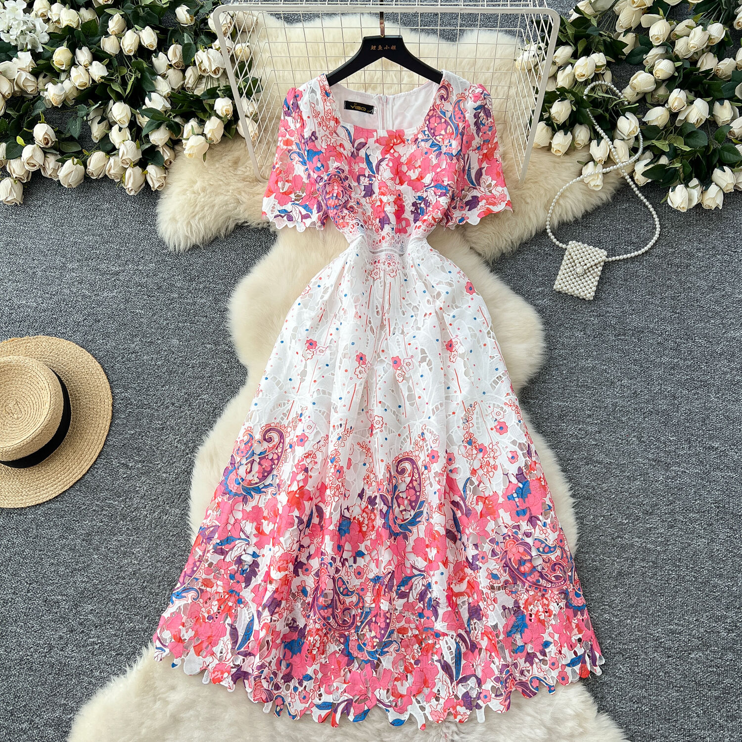 Blomsterbroderi udhulet blonde aftenkjoler kvinder sommer korte ærmer prinsesse retro midi lang festkjole gradient: M / Lyserød