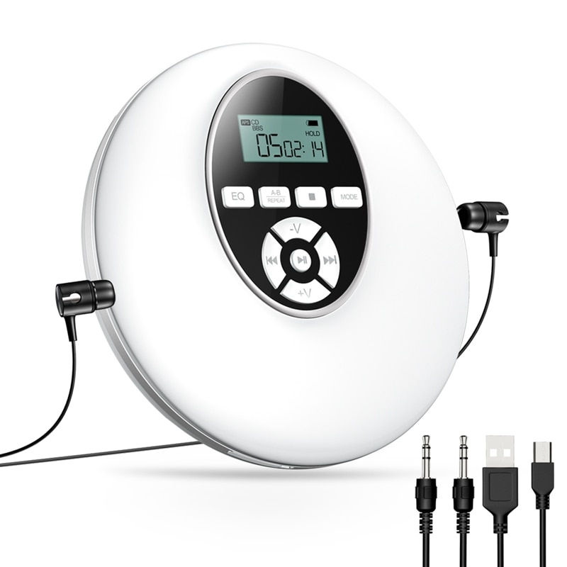 Portable CD Player Shockproof Hifi Music Player with Earphone Reproductor CD Lecteur Walkman Player for Car: white