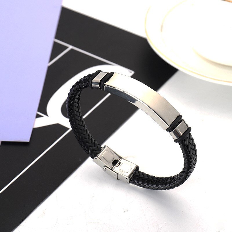 Punk Men Jewelry Black Braided Leather Bracelet Black/Silver Color Stainless Steel Charm Buckle Bangles Women