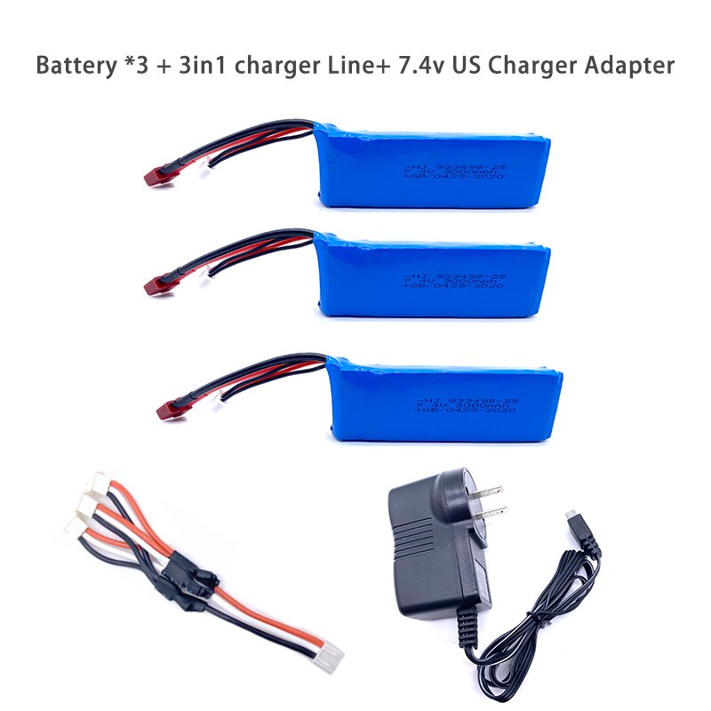 Aggiornamento 7.4V 3000mAh Lipo Batteria Per Wltoys 1/14 144001 RC Auto Giocattolo Pezzi di Ricambio 2s 7.4V batteria T Spina Per 144001 Parti di Batteria: 3Bat3in1LineUSCH