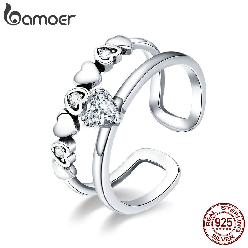 Anillos de plata de ley 925 de BAMOER, elegantes con forma de corazón y circonita cúbica transparente, anillos abiertos para mujer, joyería de plata fina SCR429