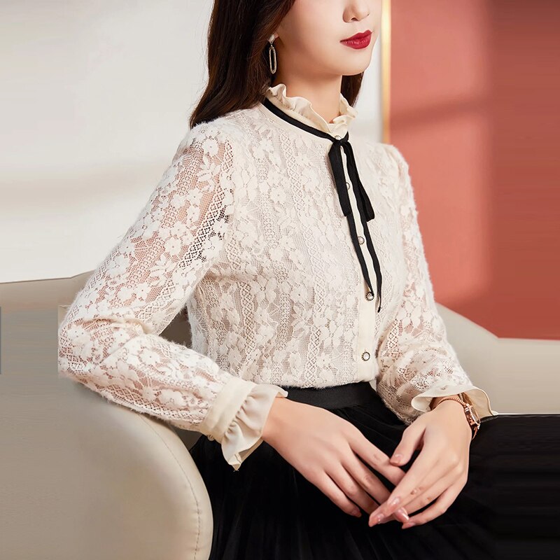 MIUXIMAO-Blusa de encaje de manga larga con cuello levantado para mujer, ropa de primavera, estilo de oficina, 2022