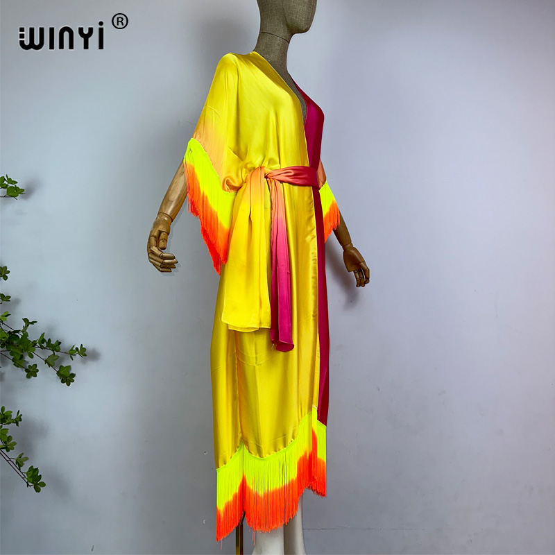 Winyi Kimono Cover-Ups Zomer Boho Geleidelijke Franje Print Bikini Cover-Up Mode Vest Sexy Kwastjes Maxi Jurk