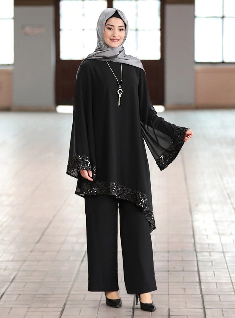 Muslimsk maxi jakkesæt broderi pailletter langærmet cardigan tunika mellemøsten ramadan arabisk islamisk kaftan todelt sæt top bukser: Sort / 3xl