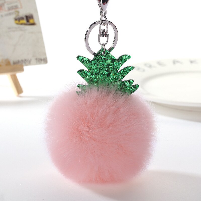 Pluizige Faux Fur Ball Pompom Sleutelhanger Vrouwen Bag Charms Kerstboom Ananas Sleutelhanger Trinket Auto Sleutelhanger Kettingen 2C0322: 1