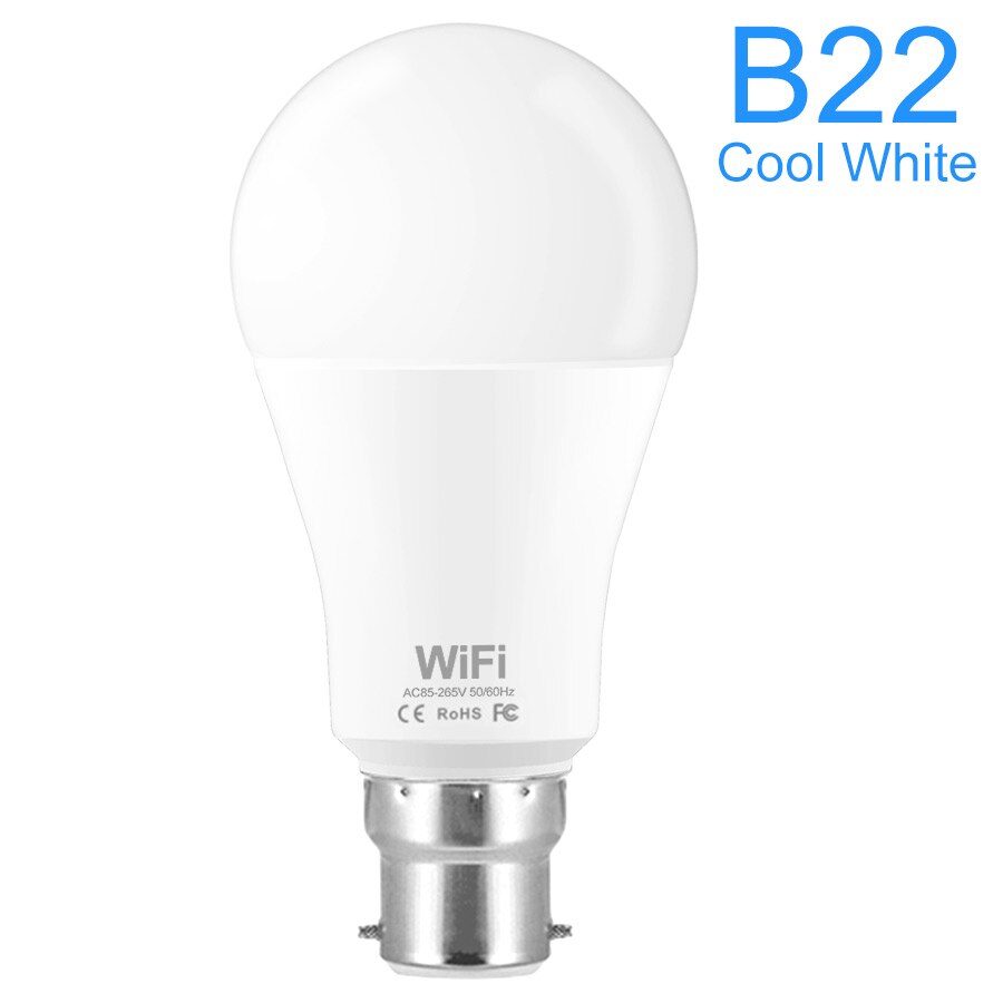 WiFi Smart LED Light Bulb Dimmable Timing Energy-saving APP Remote Control Work With Alexa Echo Google Home E27 B22 Smart Bulb: B22  Cold White