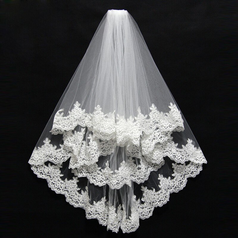 Two Layer White Ivory Tulle Bridal Veil Lace Edge Cheap Short Wedding Veils Veu De Noiva Longo In Stock