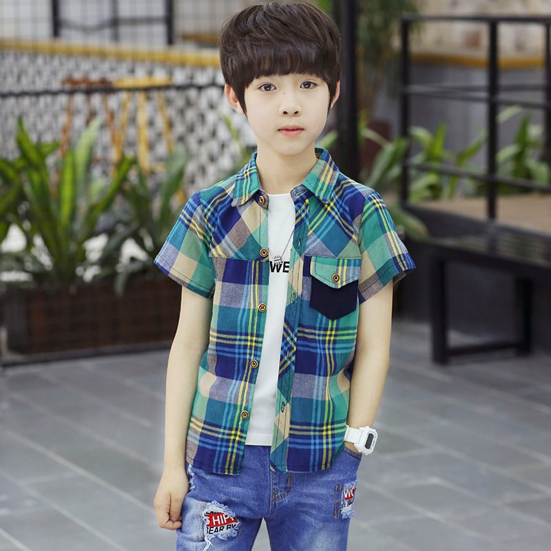 Camisas a cuadros para niños, ropa de algodón cómoda con cuello vuelto, manga corta, 5, 7, 9, 11, 13, 14 años, de verano