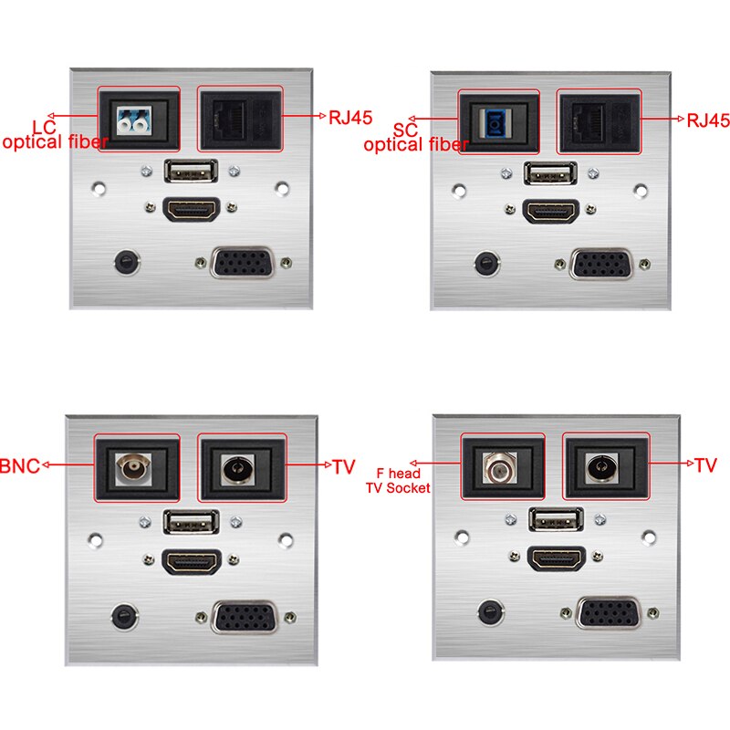 Enchufe Multimedia oxidación de aleación de aluminio cepillado, Panel 2 RJ45/TV/fibra óptica/BNC USB HDMI VGA 3,5 MM, conector Jack