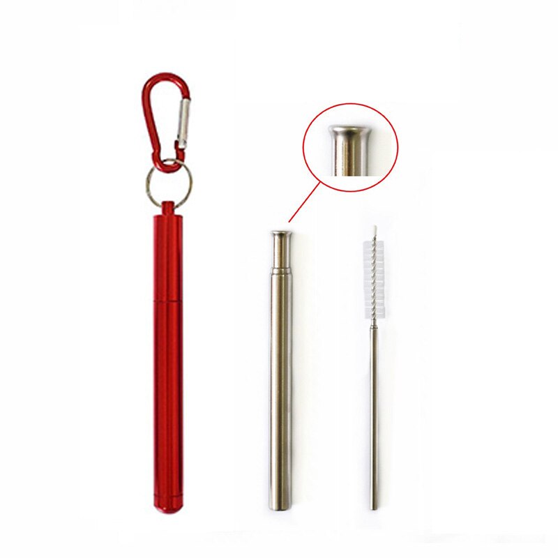 Collapsible Reusable Straw Portable Stainless Steel Telescopic Metal Drinking with Case and Brush for Travel Outdoor: Red