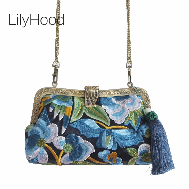 Orient Miao Embroidery Clutch Bag for Evening Small Clasp Frame Mini Floral Embroidery Purse for Qipao Cellphone Shoulder Bag