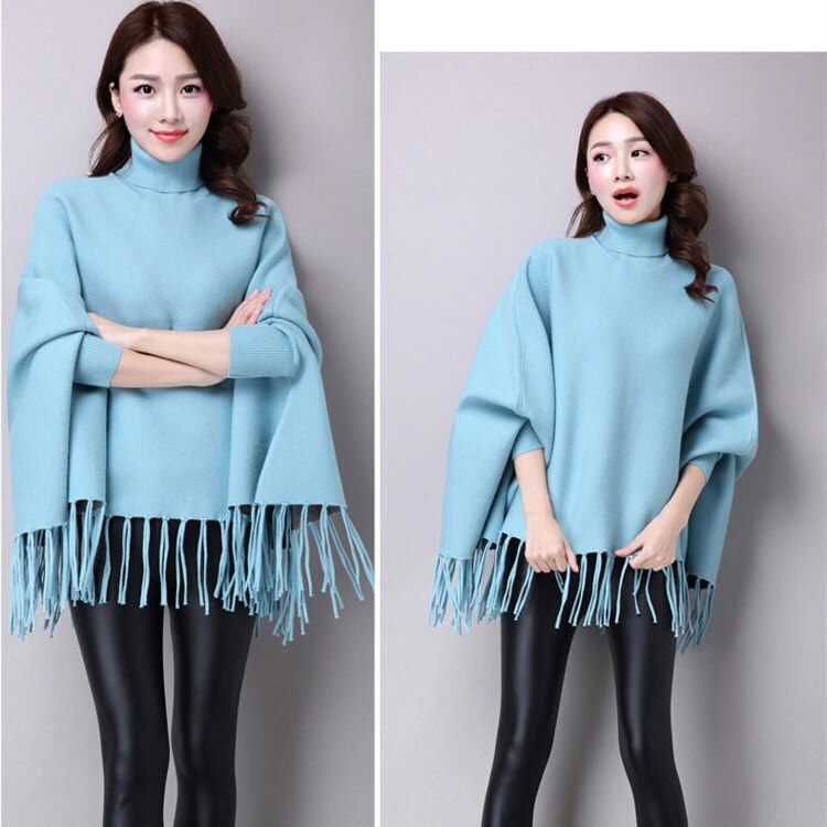 Pull cape à col roulé pour femme, pull ample à pompons, manches chauve-souris, couleur unie, vêtements pour femmes: Beige