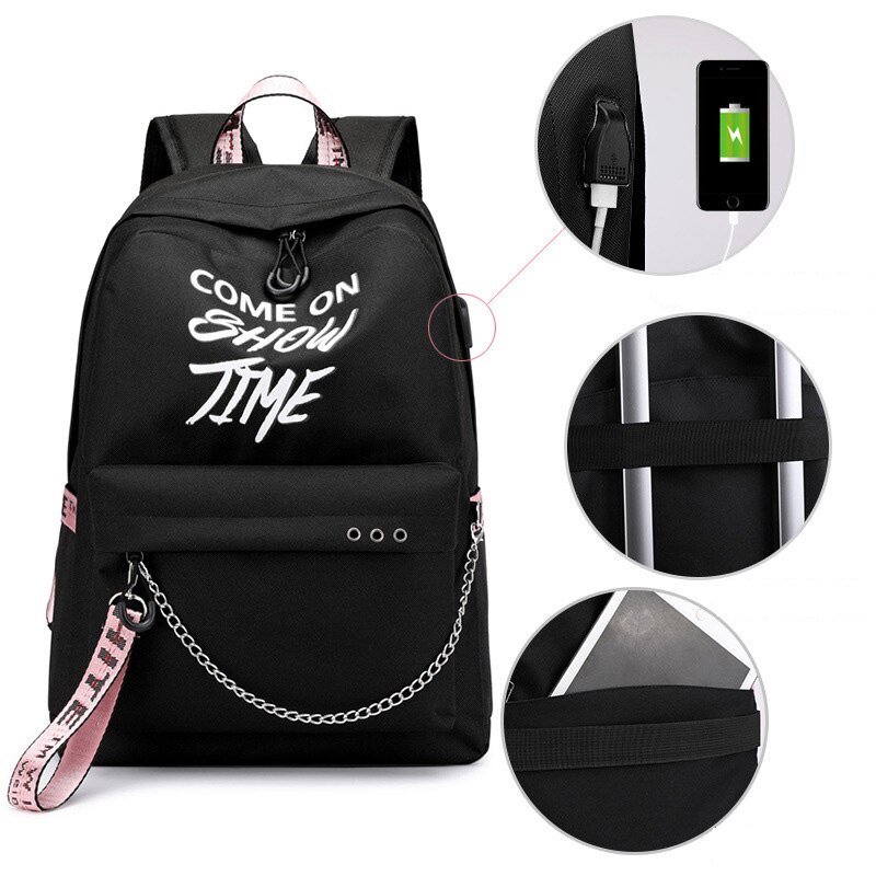 Lichtgevende Usb Vrouwen Rugzak Letters Print Schooltassen Tiener Meisjes Linten Canvas Computer Rugzak Mochila Sac A Dos: Pink ribbon