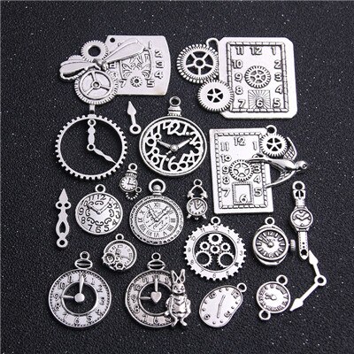 10 Uds. De colgante Vintage de Metal, aleación de Zinc, dos relojes mezclados, abalorios de reloj Steampunk para fabricación de joyas Diy: Antique Silver