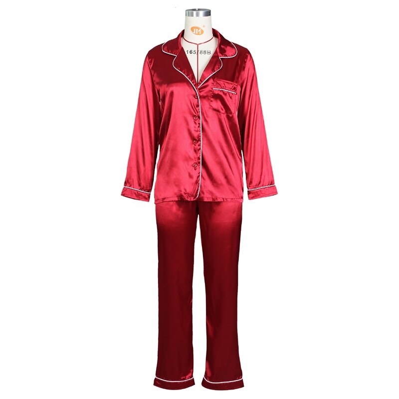 Langærmede enkeltradede bukser jakkesæt satin damedragter løse kvindelige dyb v skjorte + lige bukser 2- delt sæt outfits: Rødvin / L