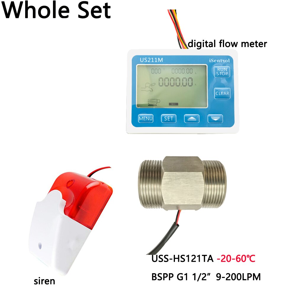 US211MA Water Flow Meter Totalizer Alarmer and Brass USS-HS121TA Flow Senor Turbine flowmeter G1-1/2“" BSPP SUS304