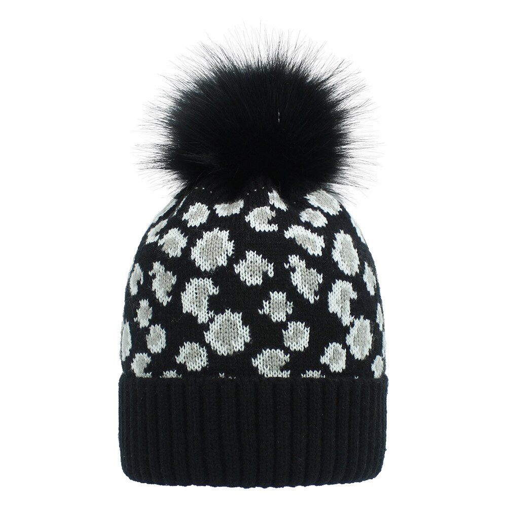 Gebreide luipaard mutsen dames pompon pompom wintermuts met pompon muts pompons voor muts imitatiebont casual warme gebreide muts muts: Zwart