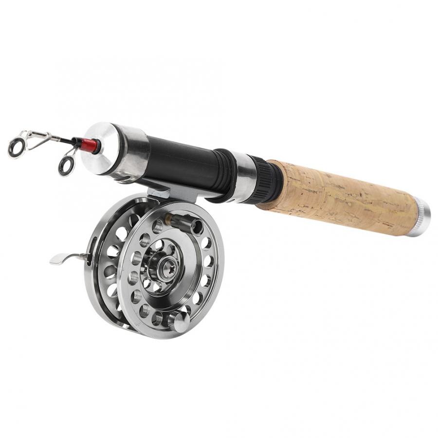Vara de pesca telescópica mini leve portátil ao ar livre metal roda pesca no gelo carretel com alça de madeira haste acessório