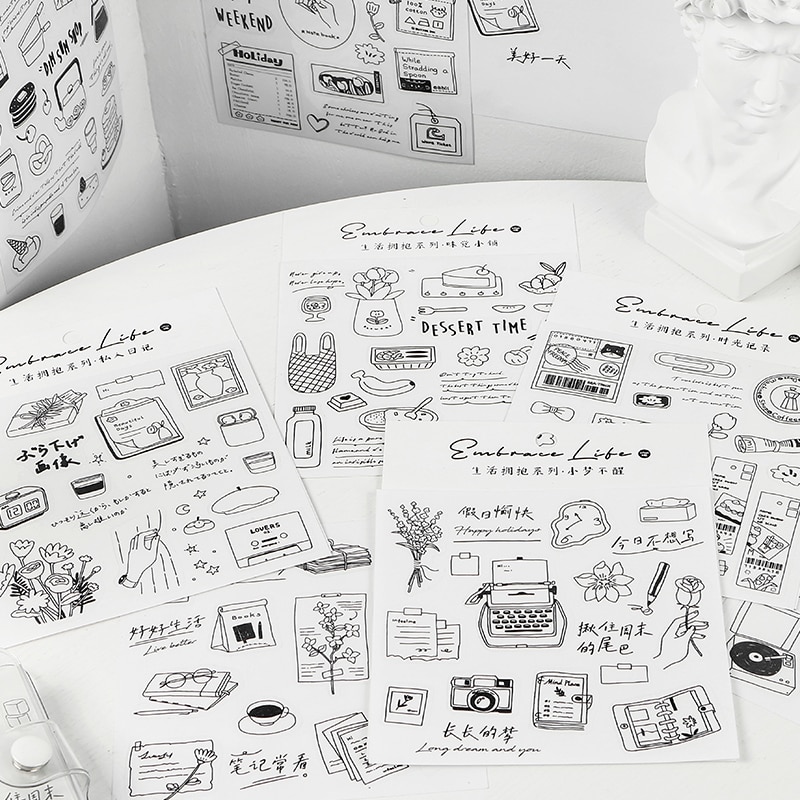 2 Sheets/pack Cute Black White Life Embrace Series Stickers Kawaii DIY Scrapbooking Diary PVC Deco Sticker Stationery Sticker