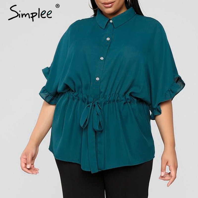 Simplee flæse plus size damebluse løse korte ærmer sashes kvindelige skjorte top afslappet kontor solide toppe og bluser