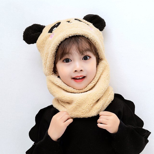 Children Winter Warm Hat Plus Fleece Thicken Scarf Cap Cartoon Panda Hat For Girls Boys Kids Caps Newborn Photography Baby Stuff: khaki