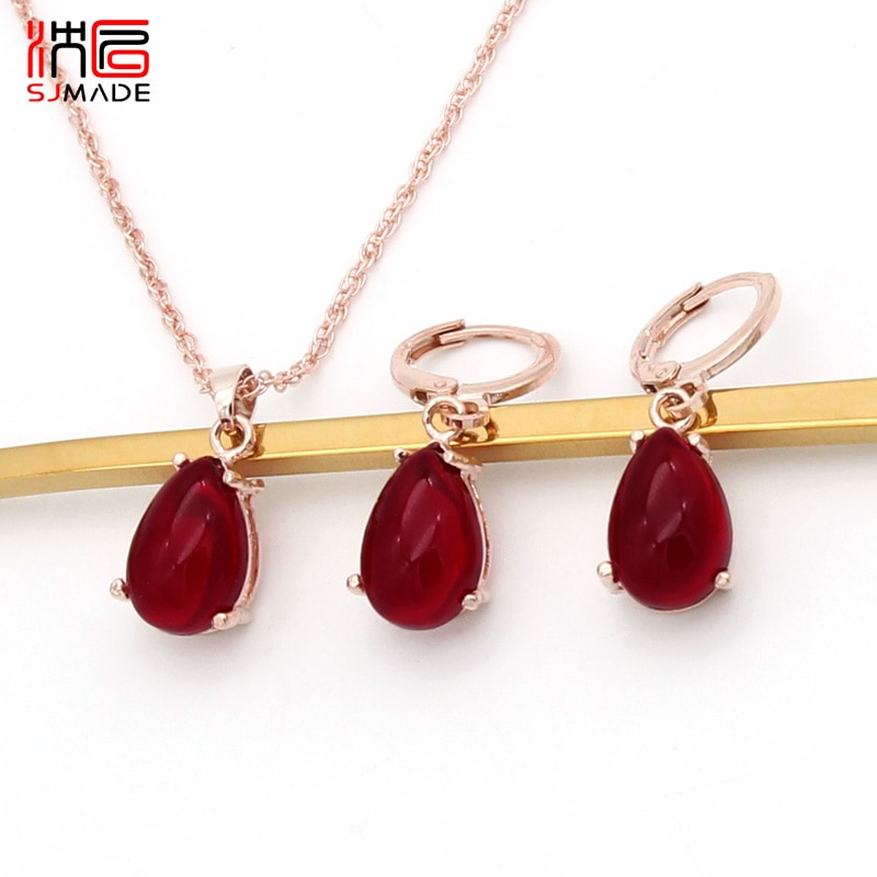 SJMADE Koreaanse Mode Water Imitatie Ambers Dangle Oorbellen Sieraden Sets Voor Vrouwen Meisjes Sieraden 585 Rose Goud Eardrop