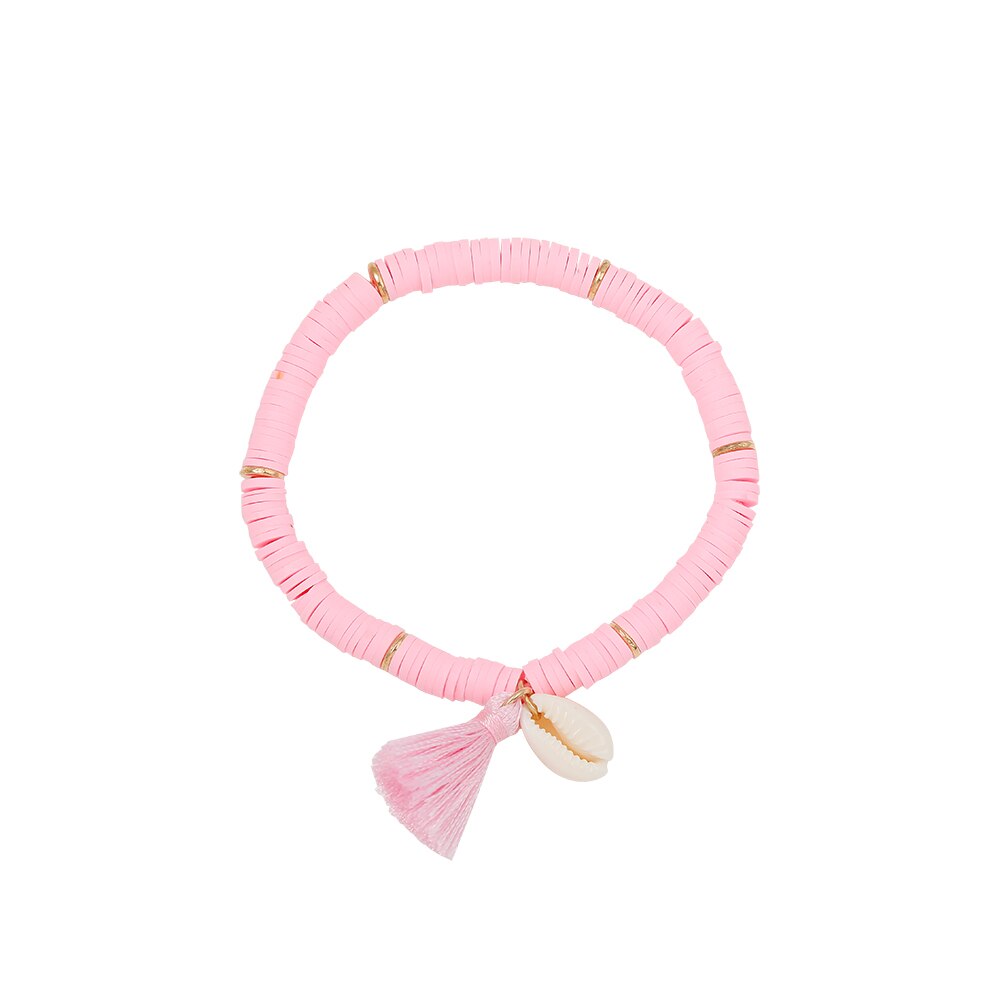 Bohemian Etnische Shell Kwastje Hangers Armband Voor Vrouwen Kleurrijke Polymeer Klei Discs Armband Party Hand Sieraden: Pink