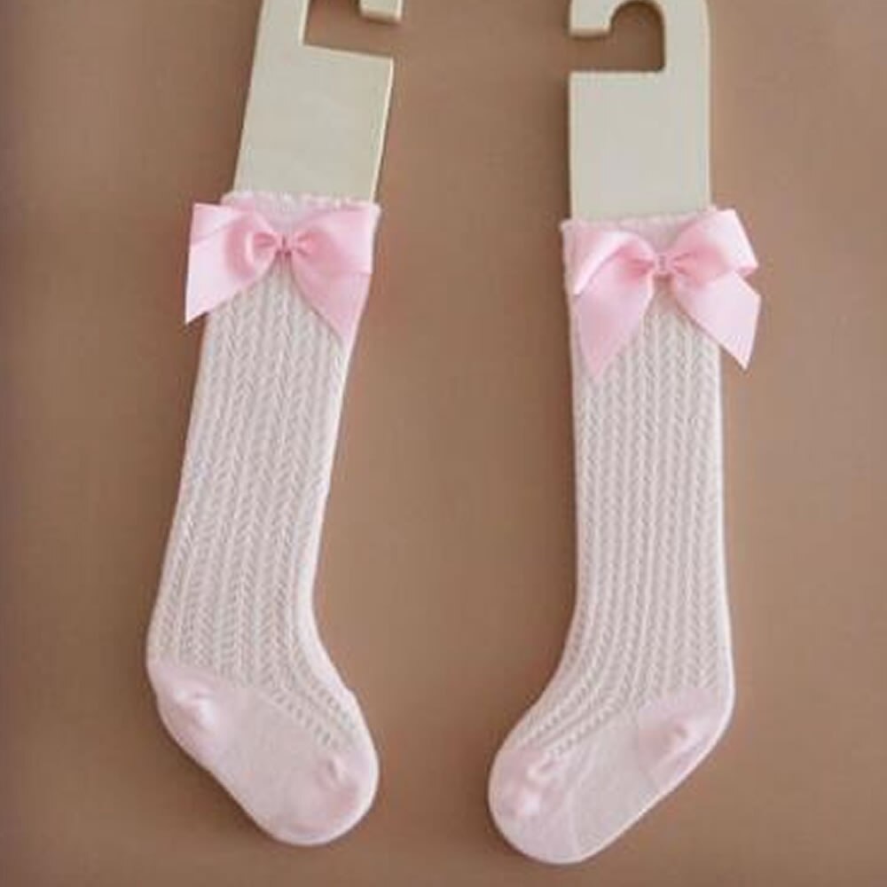Calcetines altos hasta la rodilla para niños, medias cortas de encaje con lazo, accesorio de princesa: pink mesh bow / Fit 0-1year