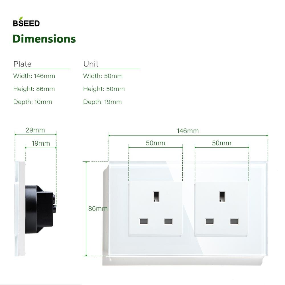 BSEED UK Standard Double Socket Wall Socket 110V-250V White Black Gloden Crystal Glass Panel 146*86mm